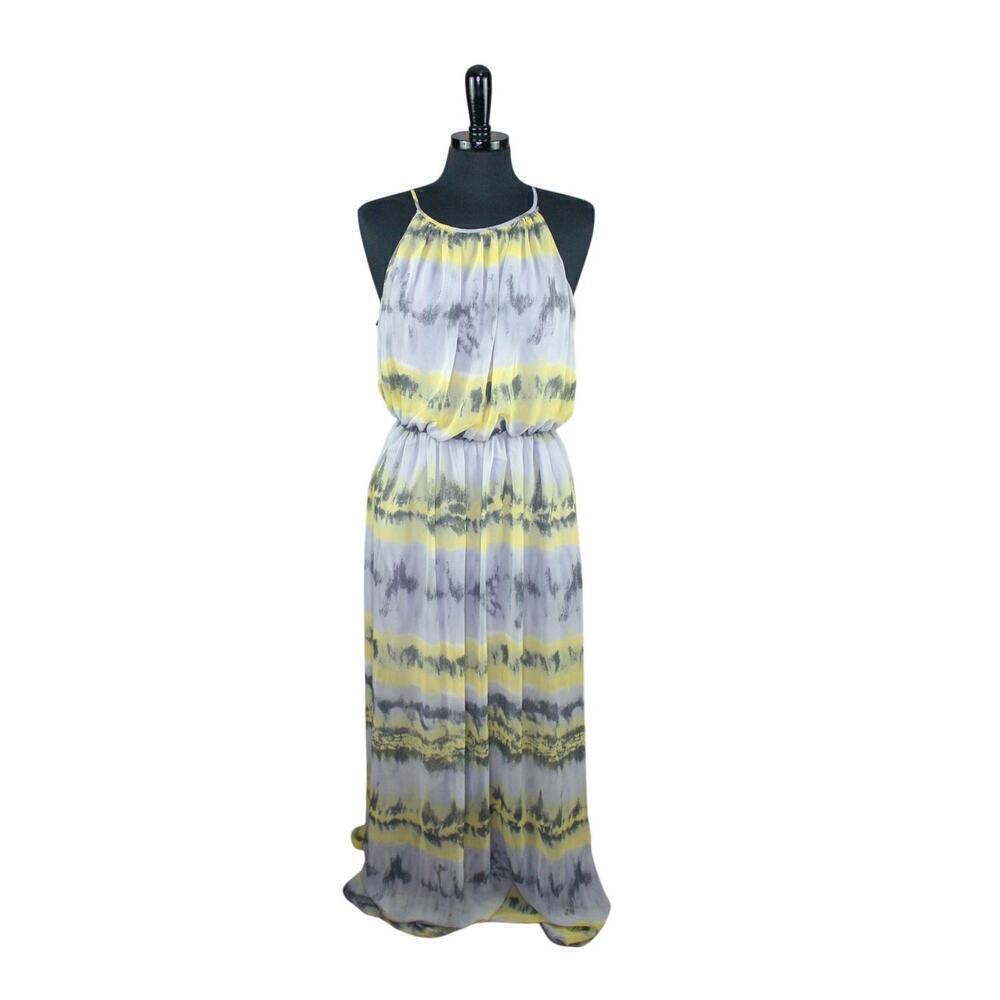 Betsey Johnson Maxi Dress Blouson Halter Gray Yellow Layered Beach 10